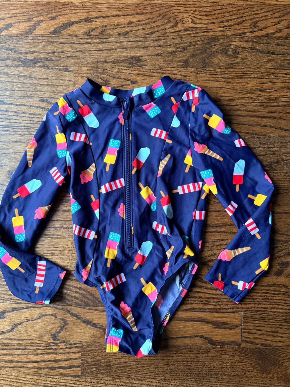 Girl's Navy Popsicle Long Sleeve Rash Guard One Piece Zip Swimsuit 5T